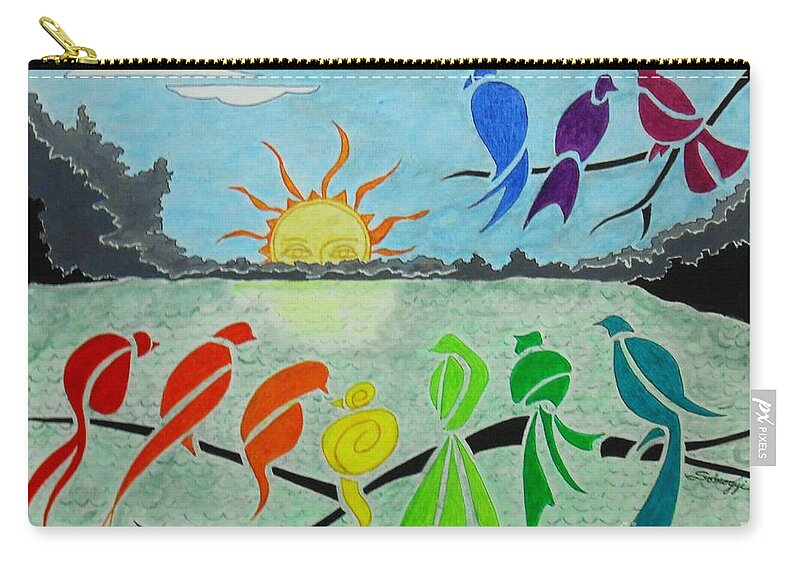 Rainbow Birds Zip Pouch featuring the painting Rainbow Birds Sunrise -- Stylized Birds on Branches in Rainbow Colors by Jayne Somogy