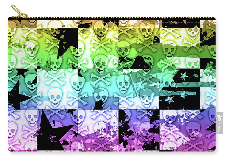 Rainbow Carry-all Pouch featuring the digital art Rainbow Checker Skull Splatter by Roseanne Jones