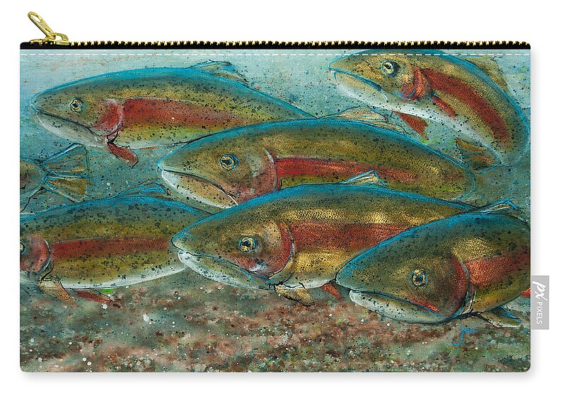 Fish Zip Pouch featuring the painting Rainbow Trout Fish Run by Jani Freimann