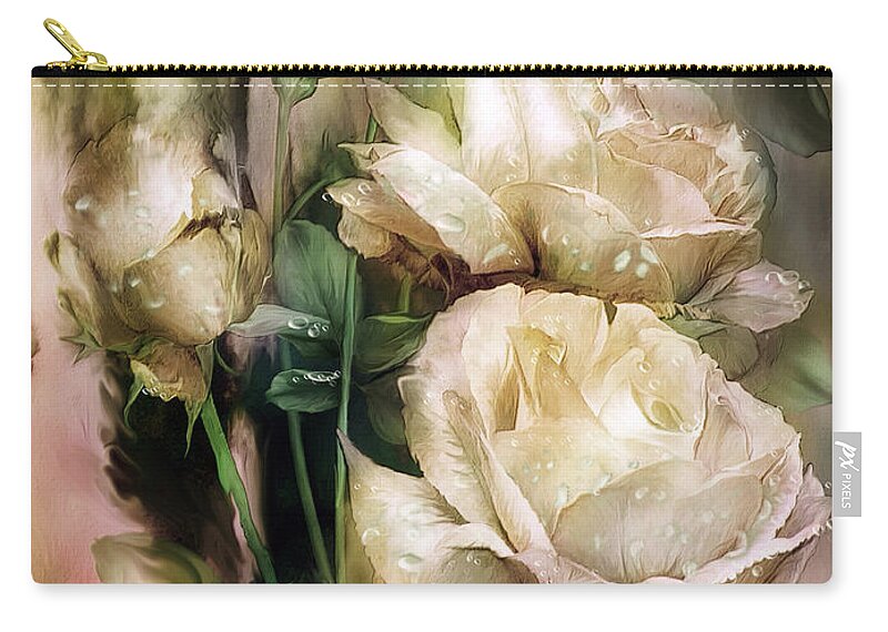 Rose Zip Pouch featuring the mixed media Raindrops On Antique White Roses by Carol Cavalaris