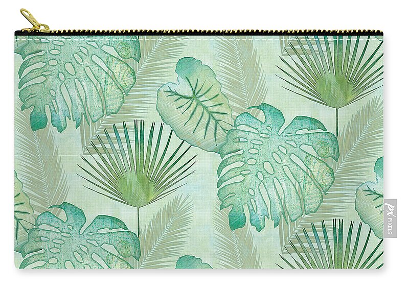 Rain Carry-all Pouch featuring the painting Rainforest Tropical - Elephant Ear and Fan Palm Leaves Repeat Pattern by Audrey Jeanne Roberts
