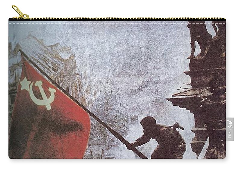 Raising The Soviet Flag On The Reichstag Building Berlin Germany May 1945 Zip Pouch featuring the photograph Raising the Soviet flag on the Reichstag Building Berlin Germany May 1945 by David Lee Guss