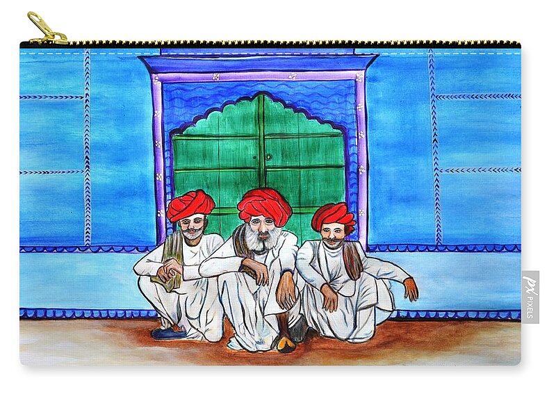 Rajasthan Zip Pouch featuring the painting Rajasthani Men Vishranti by Manjiri Kanvinde