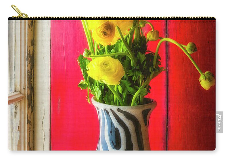 Yellow Zip Pouch featuring the photograph Ranunculus In Vase In Window by Garry Gay