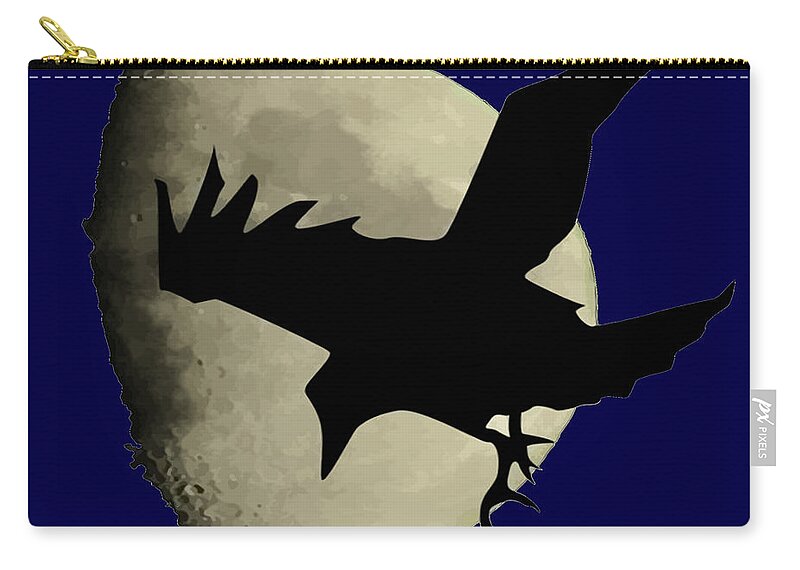 Animal Zip Pouch featuring the digital art Raven Flying Across The Moon by Taiche Acrylic Art