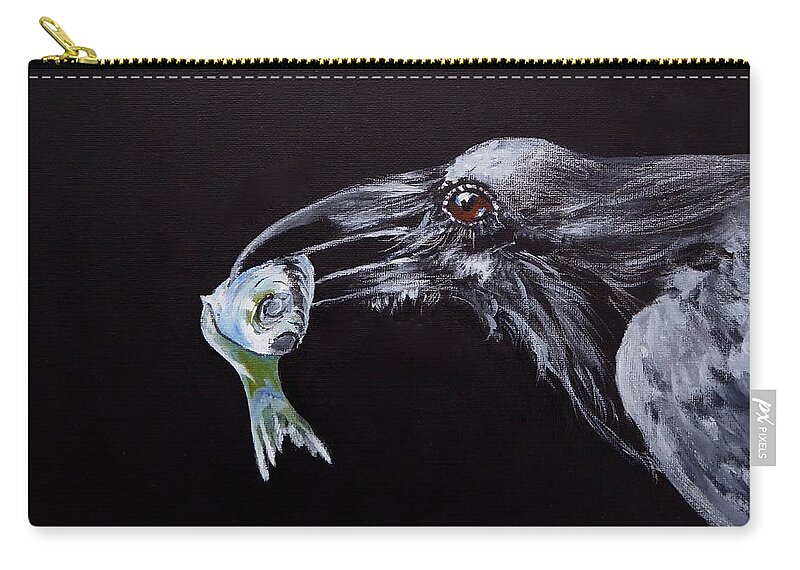 Raven Zip Pouch featuring the painting Raven with Fish by Pat Dolan
