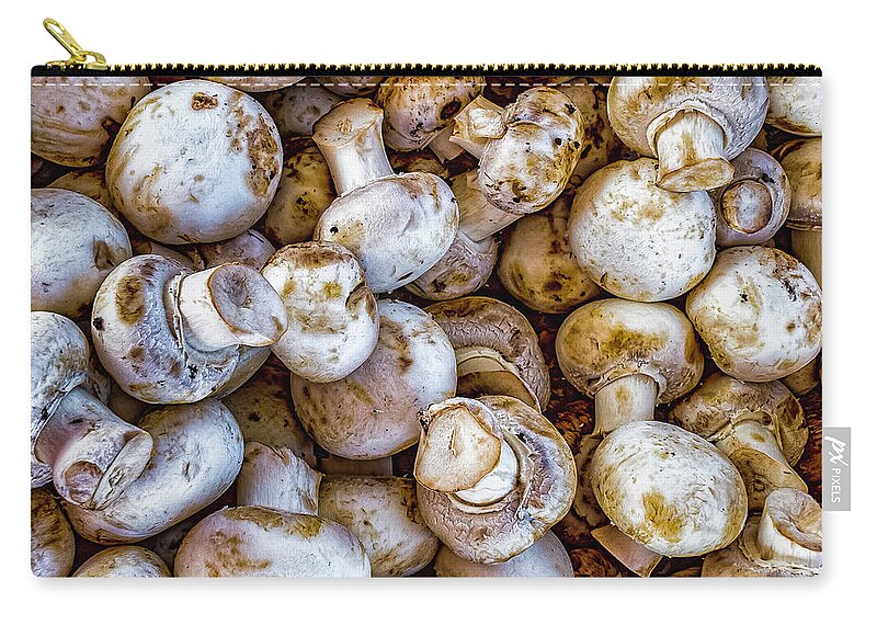 Black Zip Pouch featuring the photograph Raw Mushrooms by Nick Zelinsky Jr
