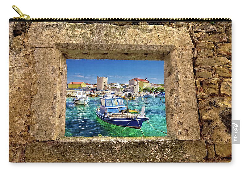 Razanac Zip Pouch featuring the photograph Razanac turquoise waterfront through stone window by Brch Photography