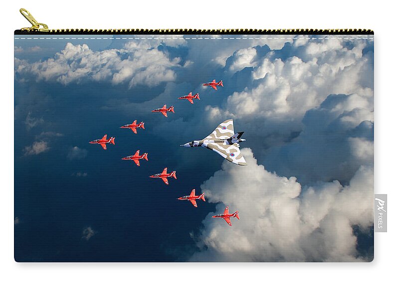 Avro Vulcan Zip Pouch featuring the photograph Red Arrows and Vulcan above clouds by Gary Eason
