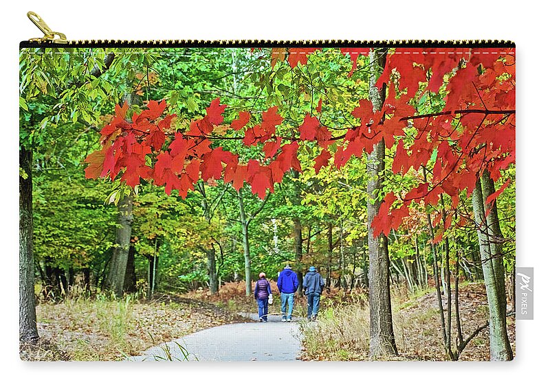 Red Autumn Leaves Over Trail To North Beach Park In Ottawa County Zip Pouch featuring the photograph Red Autumn Leaves over Trail to North Beach Park in Ottawa County, Michigan by Ruth Hager