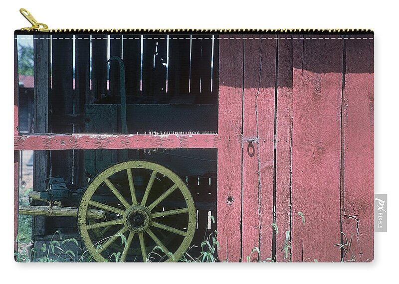 Amish Zip Pouch featuring the pyrography Red Barn and Wagon Wheel by DArcy Evans