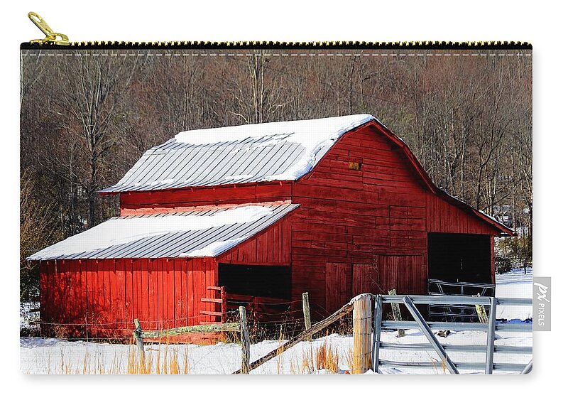 Red Barn Zip Pouch featuring the photograph Red Barn In Snow by Carol Montoya