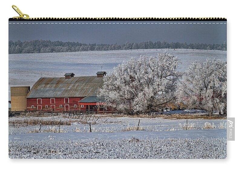 Winter Zip Pouch featuring the photograph Red Barn in Winter by Alana Thrower
