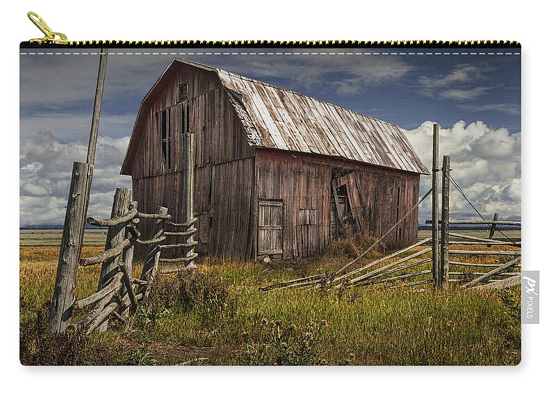 Wood Zip Pouch featuring the photograph Red Barn with Wood Fence on an Abandoned Farm by Randall Nyhof