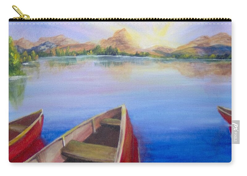 Landscape Carry-all Pouch featuring the painting Red Boats at Sunrise by Saundra Johnson