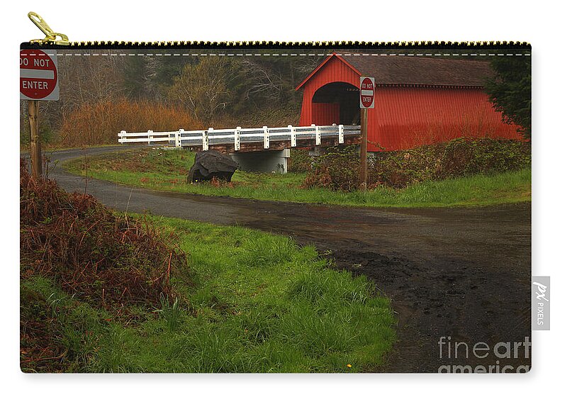 Fisher Covered Bridge Zip Pouch featuring the photograph Red Bridge On A Dreary Day by Adam Jewell