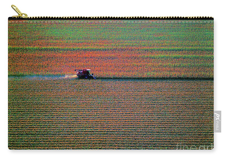 Red Zip Pouch featuring the photograph Red Combine Harvesting Mchenry aerial by Tom Jelen