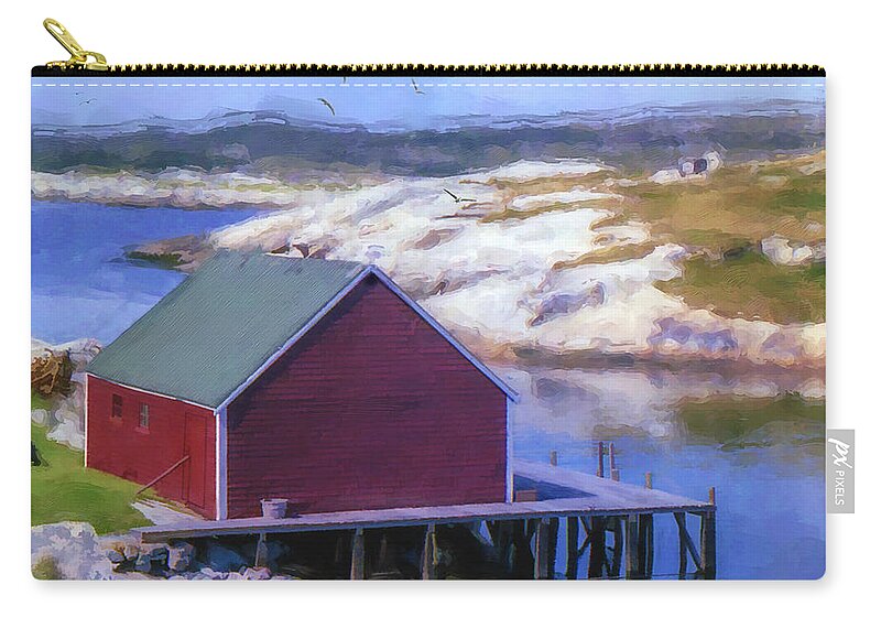 Fishing Zip Pouch featuring the painting Red Fishing Shed on the Cove by Ken Morris