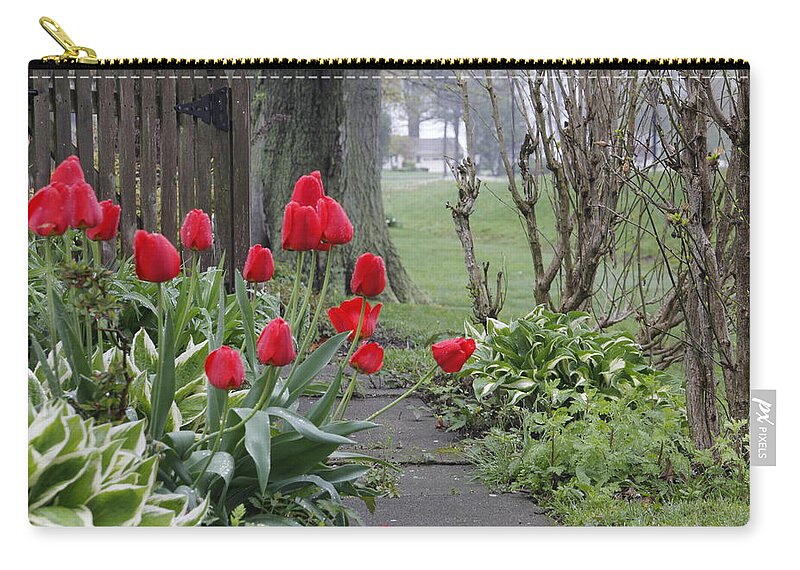 Valerie Collins Zip Pouch featuring the photograph Red Garden Tulips and Hostas by Valerie Collins