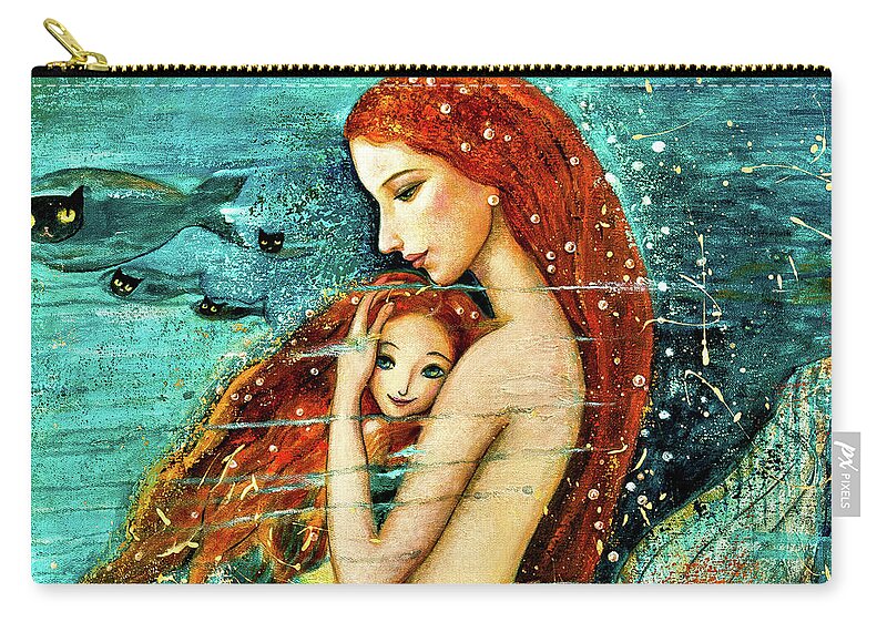 Mermaid Art Zip Pouch featuring the painting Red Hair Mermaid Mother and Child by Shijun Munns