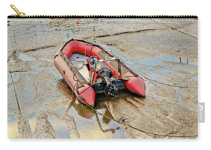 Red Zip Pouch featuring the photograph Red inflatable boat with motor in Musselburgh haven. by Elena Perelman