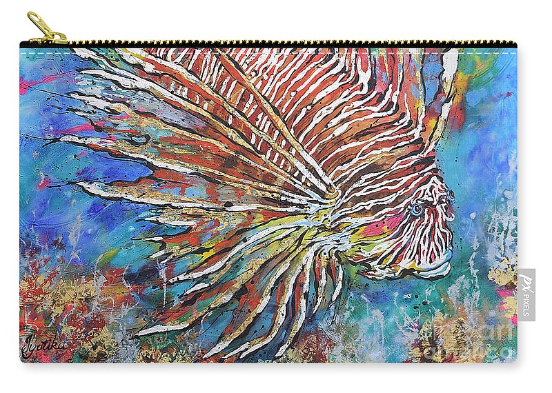 Red Lion-fish Carry-all Pouch featuring the painting Red Lion-fish by Jyotika Shroff