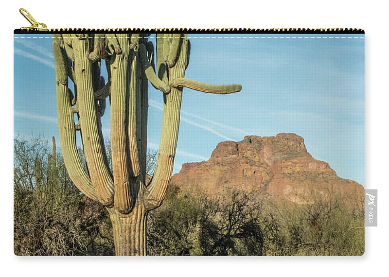 Red Zip Pouch featuring the photograph Red Mountain and Saguaro Shadow 2439-032118-cr by Tam Ryan
