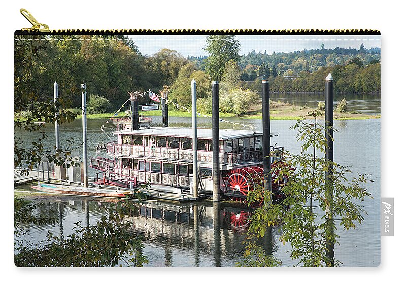 Paddle Wheeler; Boats; Leisure; Summer; Peaceful; Willamette River; Salem; Oregon; Willamette Queen; Riverfront City Park; Carousel; Paddle Wheel Carry-all Pouch featuring the photograph Red Paddle Wheel by Tom Cochran