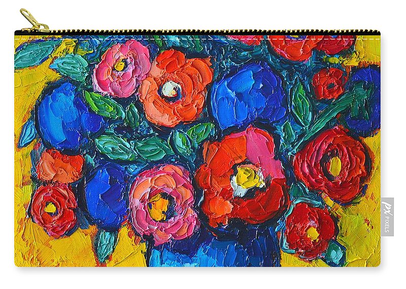 Poppies Zip Pouch featuring the painting Red Poppies And Blue Flowers - Abstract Floral by Ana Maria Edulescu