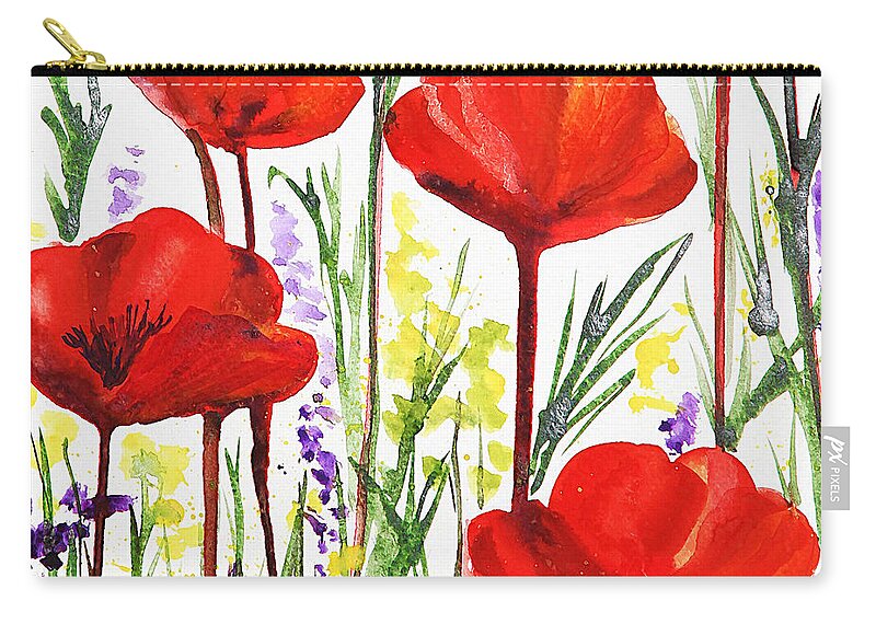 Poppies Zip Pouch featuring the painting Red Poppies Watercolor by Irina Sztukowski by Irina Sztukowski