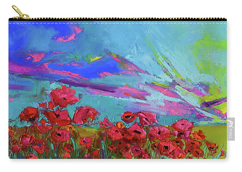 Red Poppy Flower Field Zip Pouch featuring the painting Red Poppy Flower Field, Impressionist Floral, palette knife artwork by Patricia Awapara