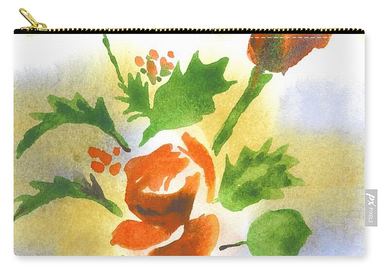 Red Roses With Holly Zip Pouch featuring the painting Red Roses with Holly by Kip DeVore
