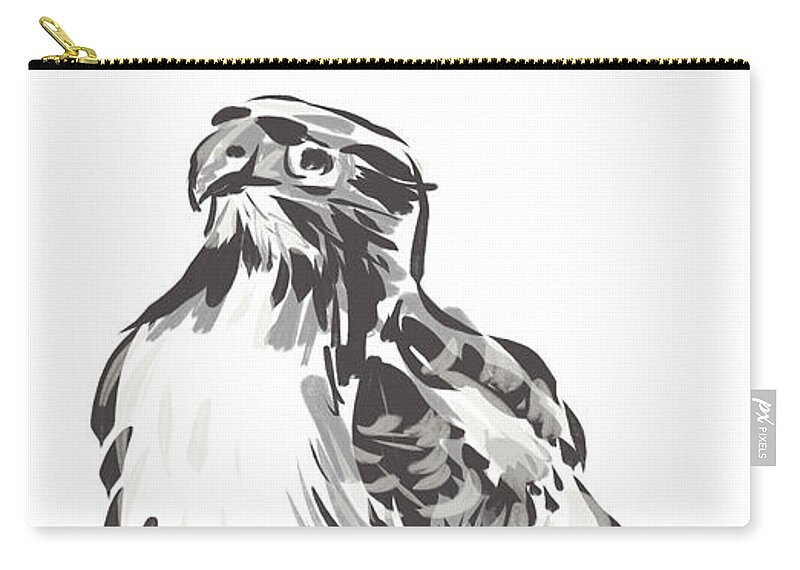 Hawk Zip Pouch featuring the drawing Red Tailed Hawk in Neutral Grey by Thomas Hamm
