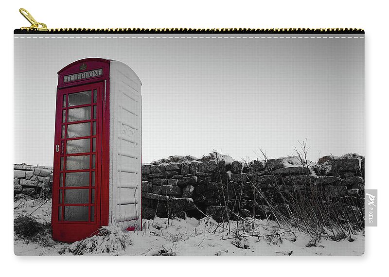 Red Telephone Box Zip Pouch featuring the photograph Red Telephone Box in the Snow vi by Helen Jackson
