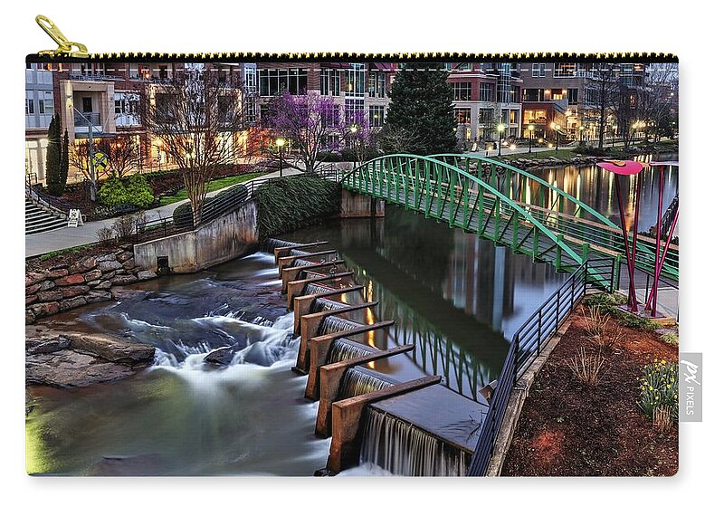 Downtown Greenville Zip Pouch featuring the photograph Reedy River Greenville South Carolina Before Sunrise by Carol Montoya