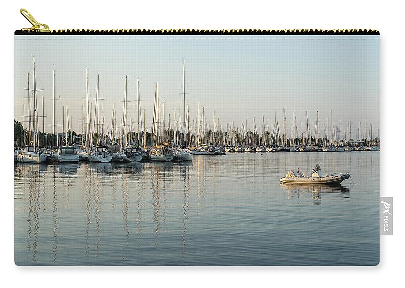 Reflecting On Yachting Zip Pouch featuring the photograph Reflecting on Yachting - Pastel Morning at the Marina by Georgia Mizuleva