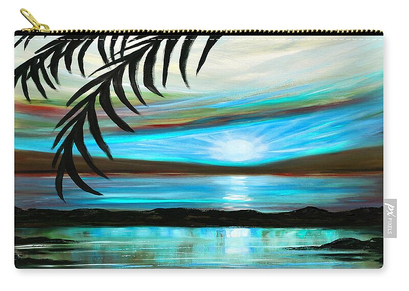 Sunset Zip Pouch featuring the painting Reflections in Teal - Landscape Sunset by Gina De Gorna