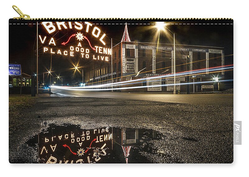 Bristol Zip Pouch featuring the photograph Reflections of the Bristol Sign by Greg Booher