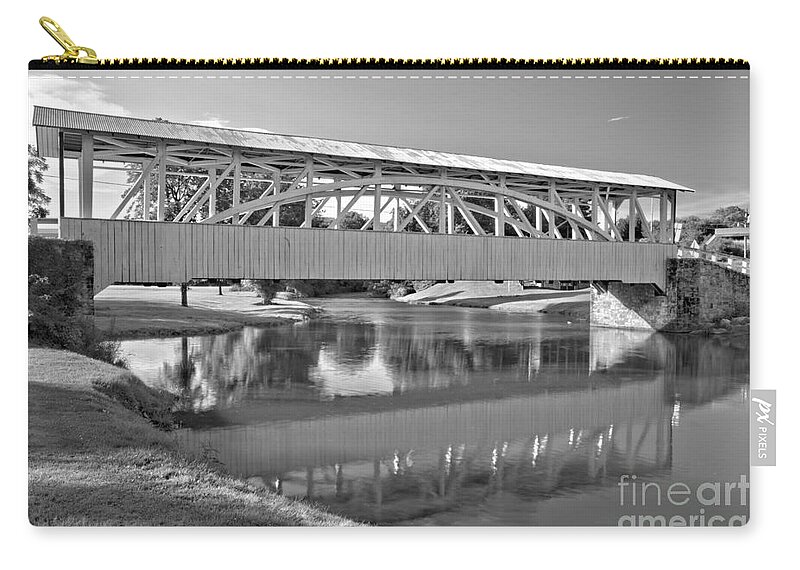 Halls Mill Covered Bridge Zip Pouch featuring the photograph Reflections Of The Halls Mill Covered Bridge Black And White by Adam Jewell