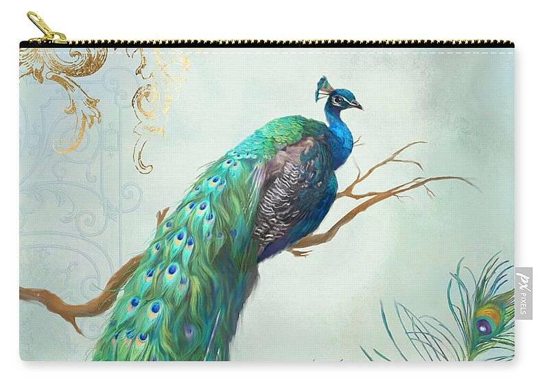 Peacock On Tree Branch Zip Pouch featuring the painting Regal Peacock 1 on Tree Branch w Feathers Gold Leaf by Audrey Jeanne Roberts