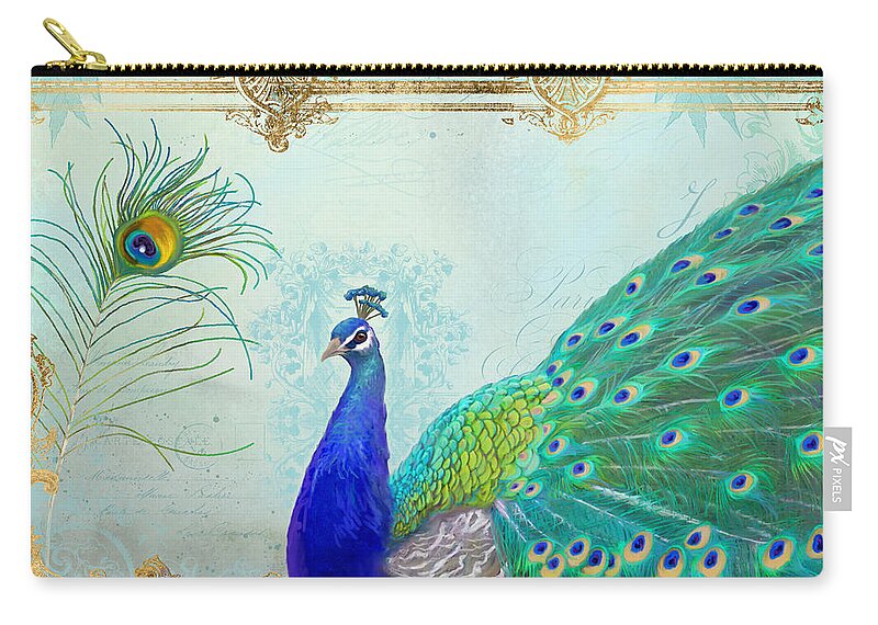 Peacock Zip Pouch featuring the painting Regal Peacock 2 w Feather n Gold Leaf French Style by Audrey Jeanne Roberts