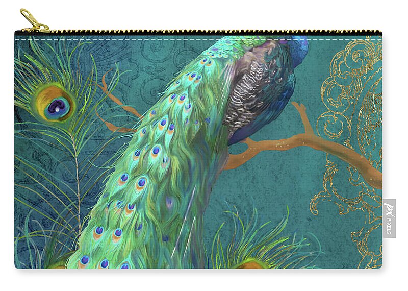 Peacock Carry-all Pouch featuring the painting Regal Peacock 3 Midnight by Audrey Jeanne Roberts
