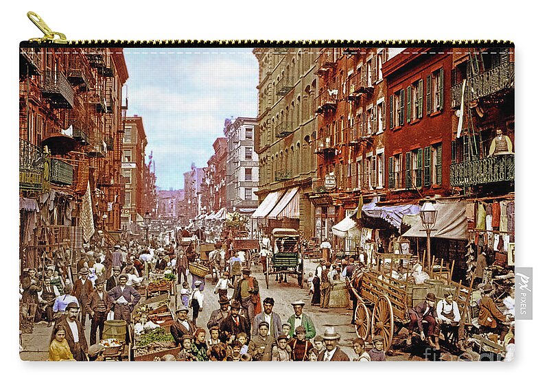 Wingsdomain Zip Pouch featuring the photograph Remastered Photograph Mulberry Street Manhatten New York City 1900 20170716 by Wingsdomain Art and Photography