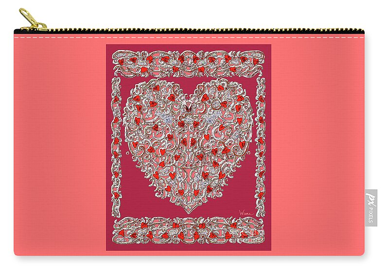 Lise Winne Zip Pouch featuring the digital art Renaissance Style Heart with Dark Red Background by Lise Winne