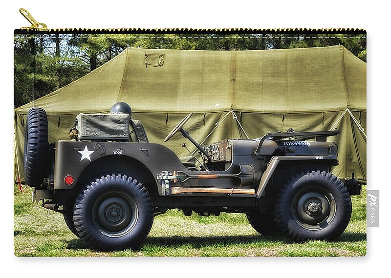 Jeep Zip Pouch featuring the photograph Restored Willys Jeep and Tent at Fort Miles by Bill Swartwout