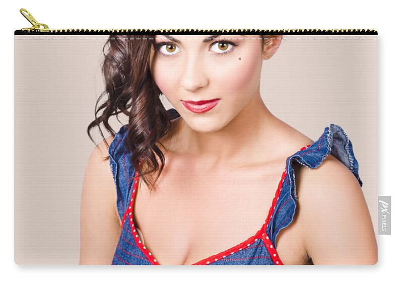Pin Zip Pouch featuring the photograph Retro pin-up girl in blue denim dress by Jorgo Photography