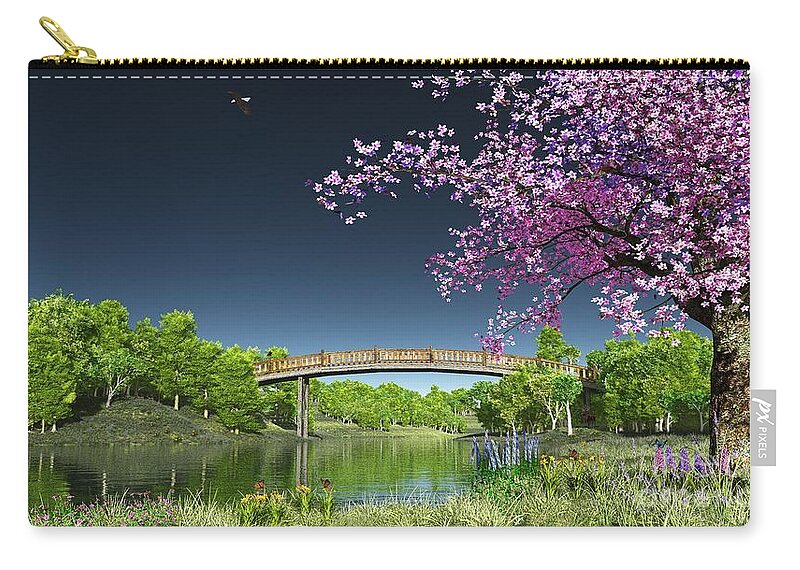 Cherry Tree Zip Pouch featuring the digital art River Bridge Cherry Tree Blosson by Walter Colvin