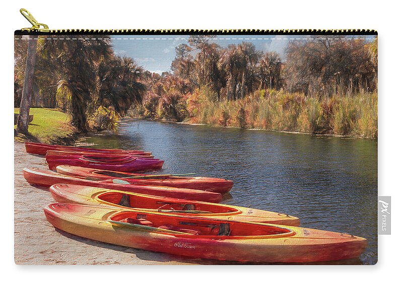 Boats Zip Pouch featuring the photograph River Kayaks Painting by Debra and Dave Vanderlaan