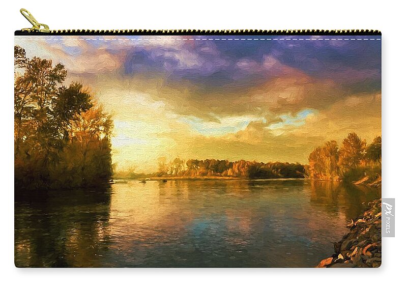 Landscape Zip Pouch featuring the digital art River Sunset by Charmaine Zoe