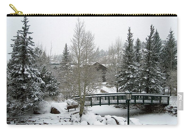 Snow Zip Pouch featuring the photograph Riverside Bridge February Snow by Laura Davis